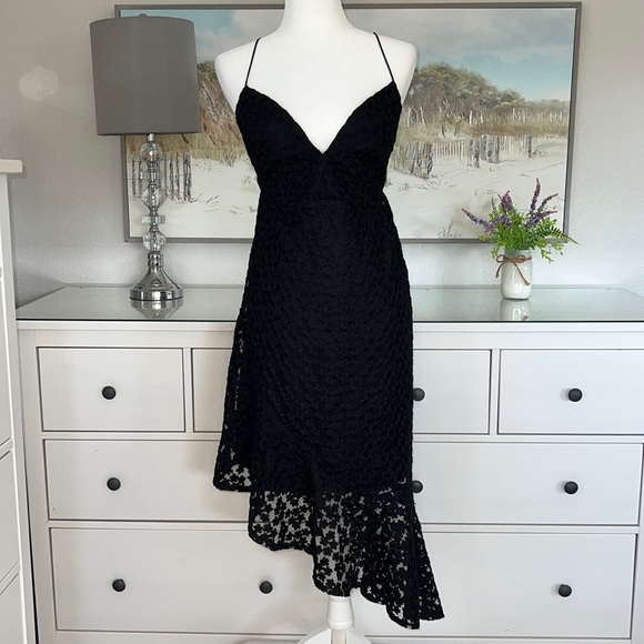 NWT Topshop Black Lace Asymmetrical Dress With Plunge Neckline - Picture 4 of 14